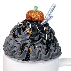Halloween Faux Cupcake Mug Topper Decor – Black Glitter Pumpkin Accent